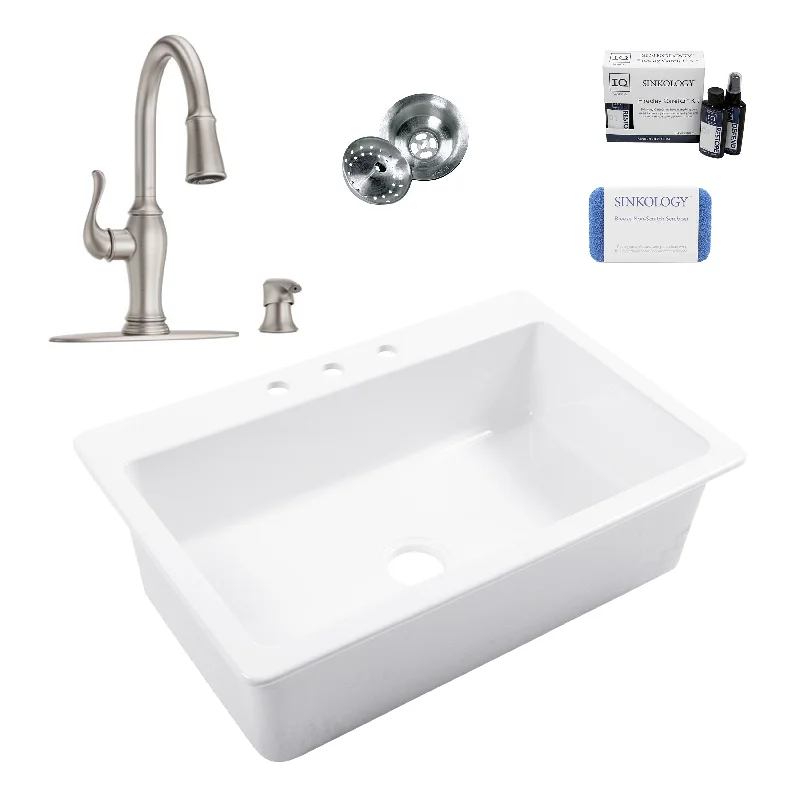 Jackson Crisp White Fireclay 33" Single Bowl Drop-In Kitchen Sink (3 Holes) with Maren Stainless Faucet Kit