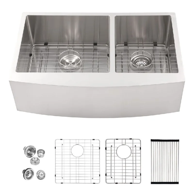 Kichae Farmhouse Kitchen Sink 33 Inch 16 Gauge Stainless Steel Double Bowl Sink 60/40 - 33"x21"