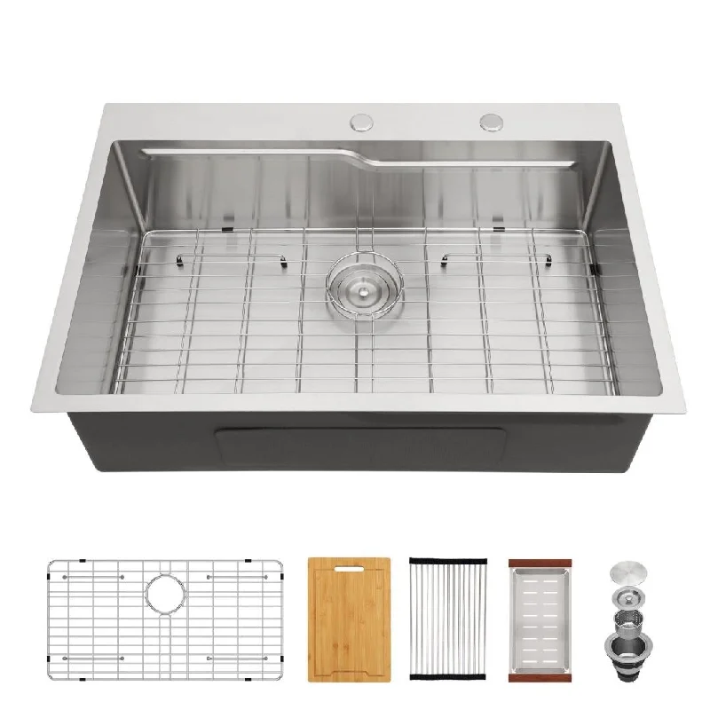 Kichae Workstation Sink 33" 16 Gauge Stainless Steel Drop in Kitchen Sink - 33"x22"x10"