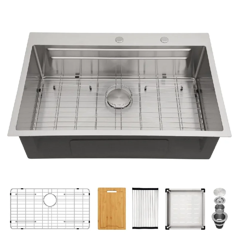 Kichae Workstation Sink 33-inch 16 Gauge Stainless Steel Drop in Kitchen Sink - 33"x22"x10"