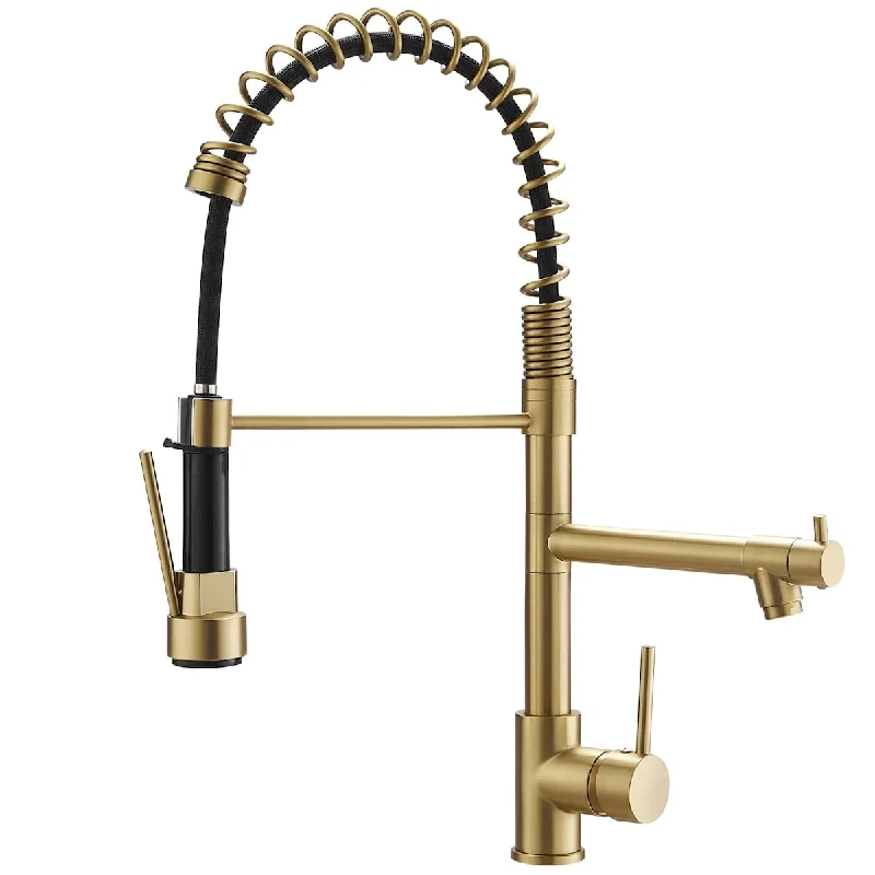 Kitchen Faucet with Pull Down Sprayer, Commercial Gold Kitchen Sink Faucet Single Handle Spring Two Nozzles Faucets