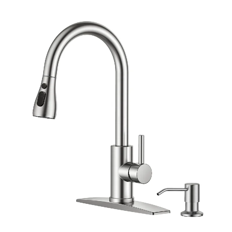 Kitchen Faucets with Soap Dispenser, Kitchen Sink Faucet with Pull Down Sprayer & Deck Plate, High Arch Single Handle Faucet