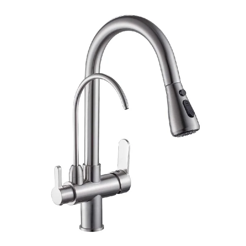 Kitchen Sink Faucet with Pull Down Sprayer 2 Handle 3 in 1 Water Filter Purifier Faucets Brushed Nickel 0195SN