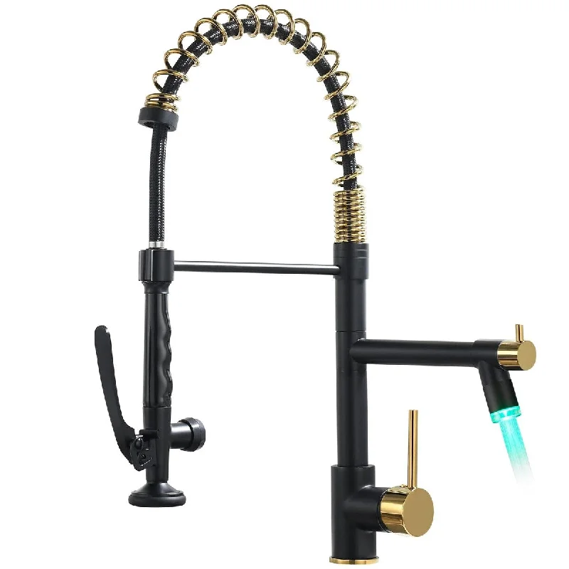 LED Kitchen Faucet with Pull Down Sprayer,Black&Gold Commercial Kitchen Faucet for Kitchen Sink