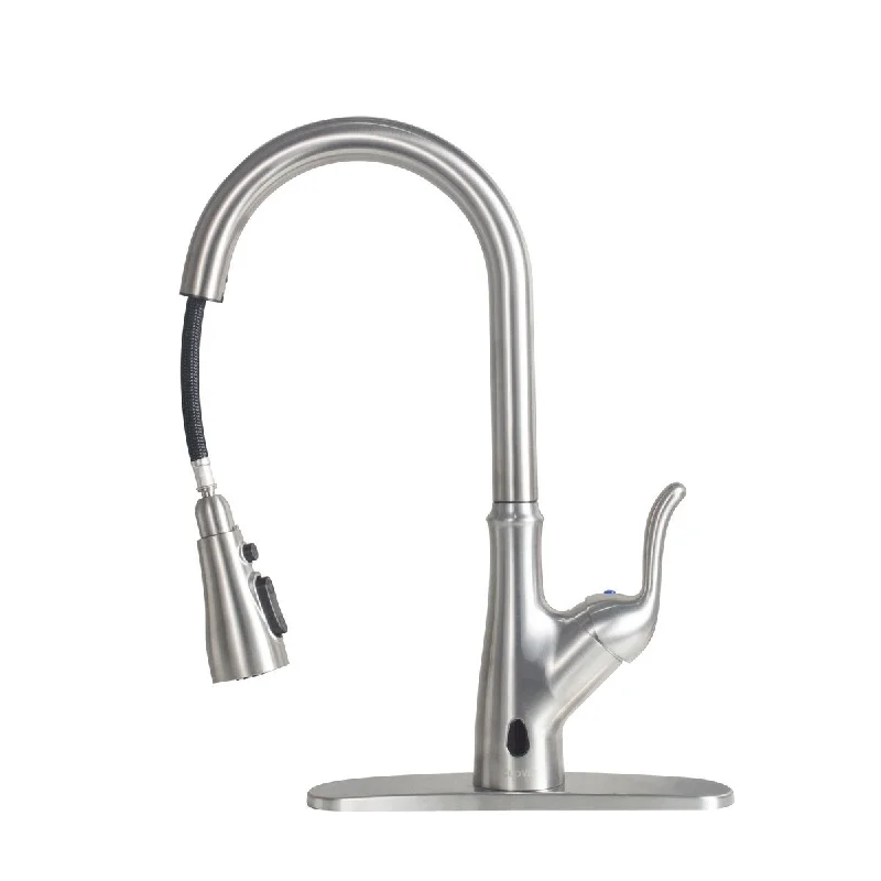 Modern Brushed Nickel Pull Down Touchless Single Handle Kitchen Faucet, with Four Function Sprinkler and Dual Induction