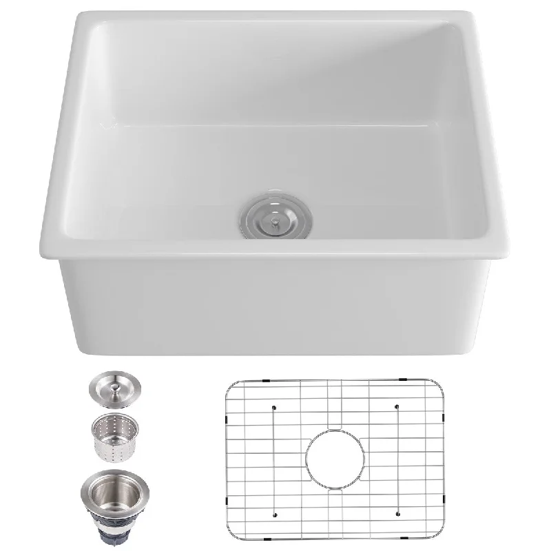 Pure White Ceramic Fireclay Single Bowl Drop-in Kitchen Sink - 23.62 in. Width