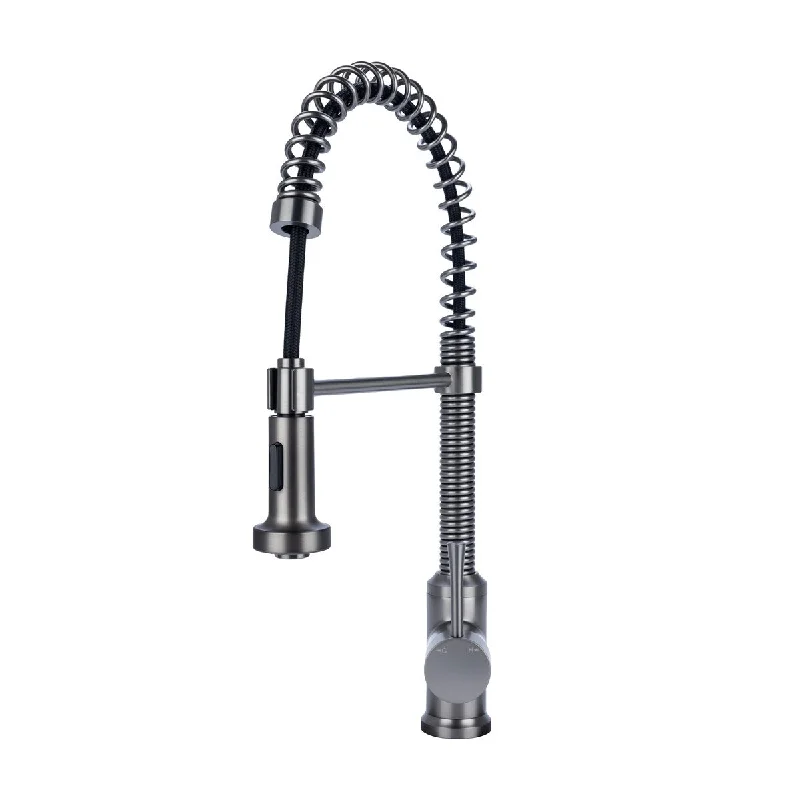 Residential Spring Kitchen Faucet with Flat Sprayer in Pewter