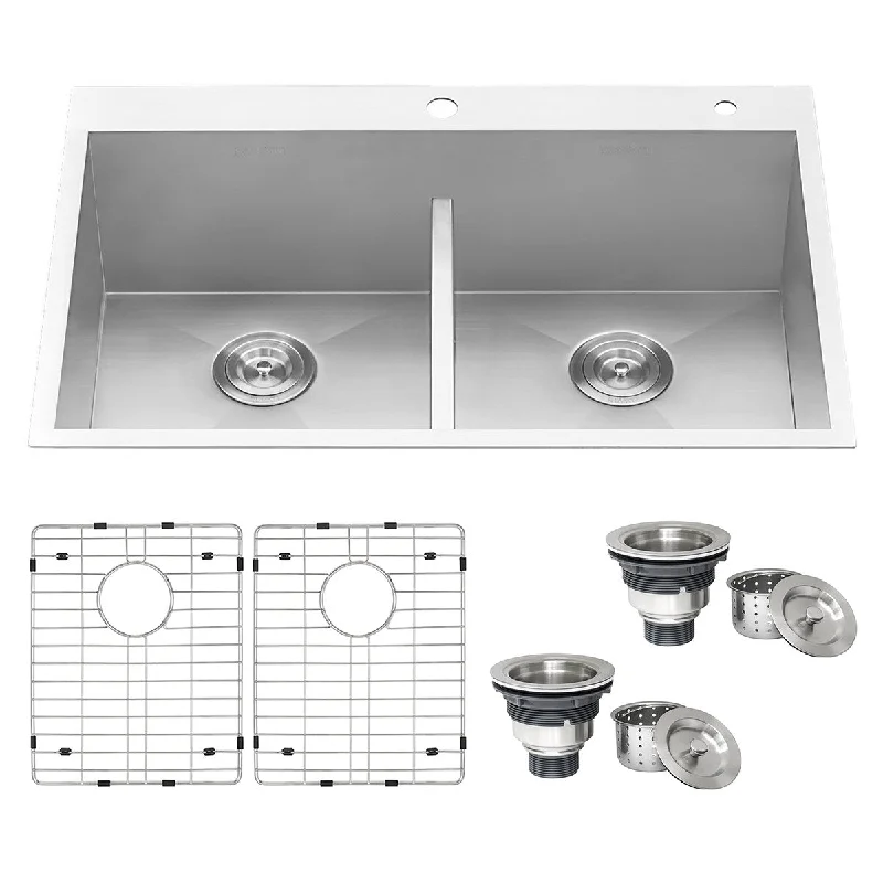 Ruvati 33-inch Drop-in Low-Divide Zero Radius 50/50 Double Bowl 16 Gauge Topmount Kitchen Sink - RVH8055