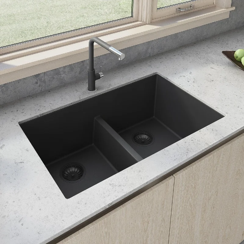 Ruvati 33 x 19 inch Granite Composite Undermount Double Bowl Low Divide Kitchen Sink - Midnight Black - RVG2385BK