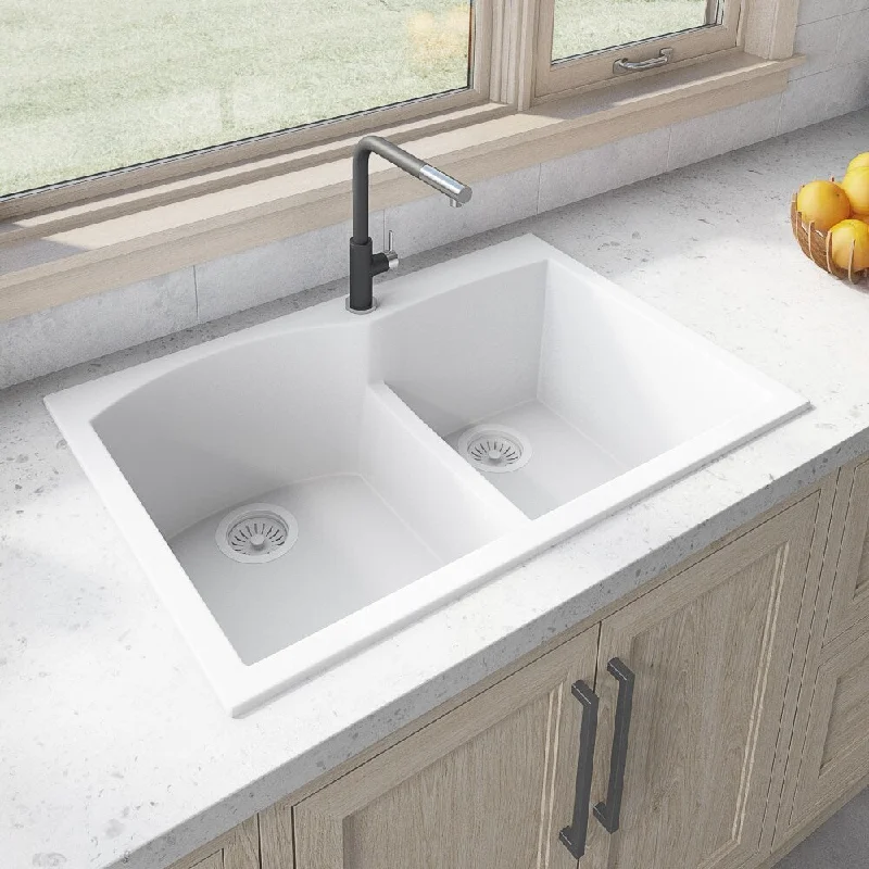 Ruvati 33 x 22 inch epiGranite Drop-in Topmount Granite Composite Double Bowl Kitchen Sink - White - RVG1345WH - 8' x 11'