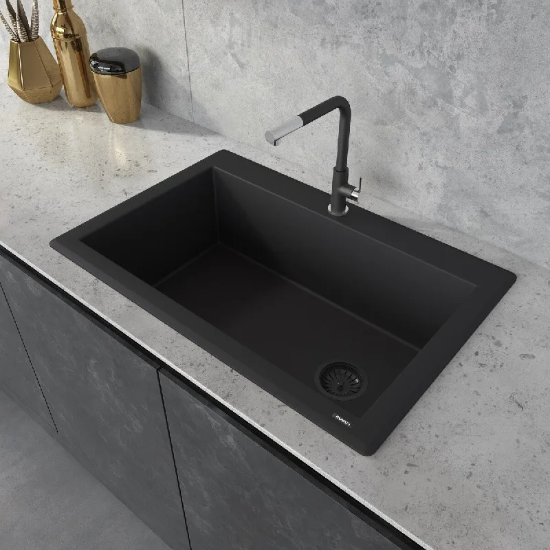 Ruvati 33 x 22 inch epiGranite Drop-in Topmount Granite Composite Single Bowl Kitchen Sink – Black Galaxy – RVG1033GX