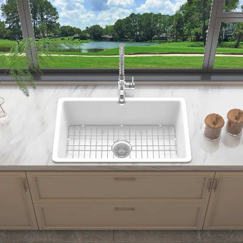 Sinber 32 Inch Drop in Single Bowl Kitchen Sink with Fireclay White Finish 2 Accessories - 32'' X 19'' X 10''