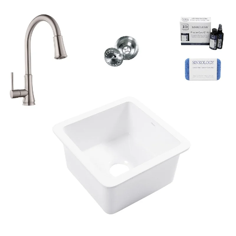 Sinkology Eden Crisp White Fireclay 18" Single Bowl Undermount Kitchen Sink with Pfirst Faucet Kit