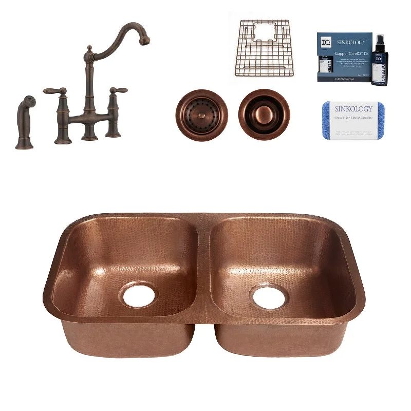 Sinkology Orwell Copper 32" Double Bowl Undermount Kitchen Sink with Bridge Faucet Kit