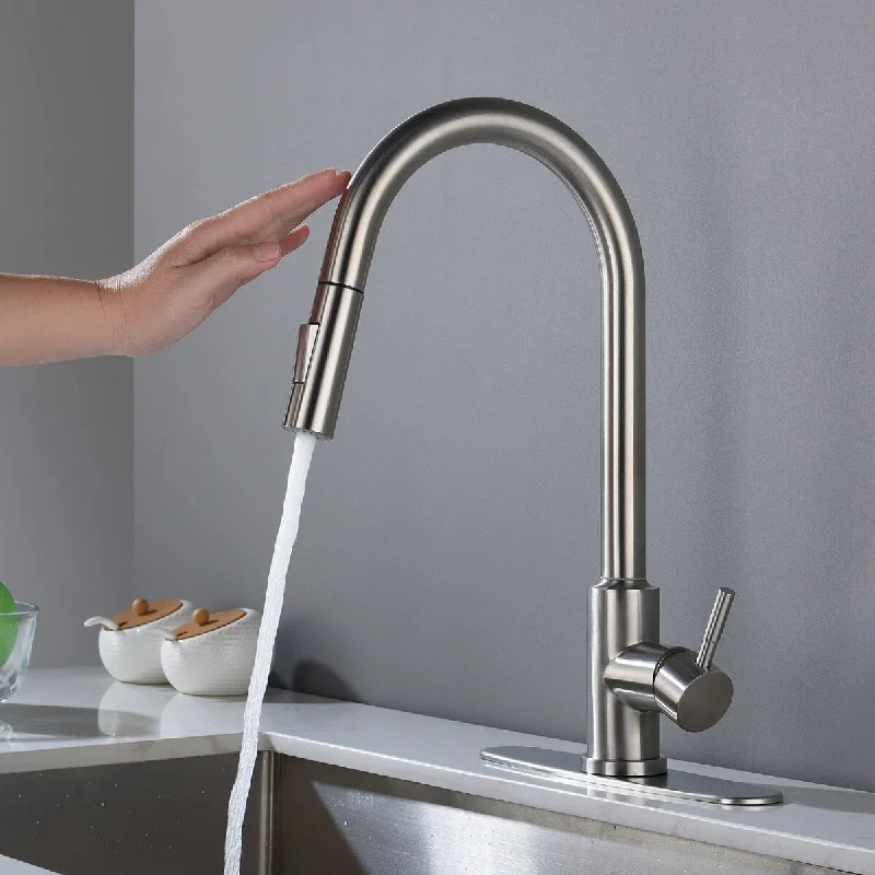 Stainless Steel Matte Silver Touch Kitchen Faucet, with Pull Down Sprayer, Single Hole Mixing Hot and Cold and Ceramic Valve