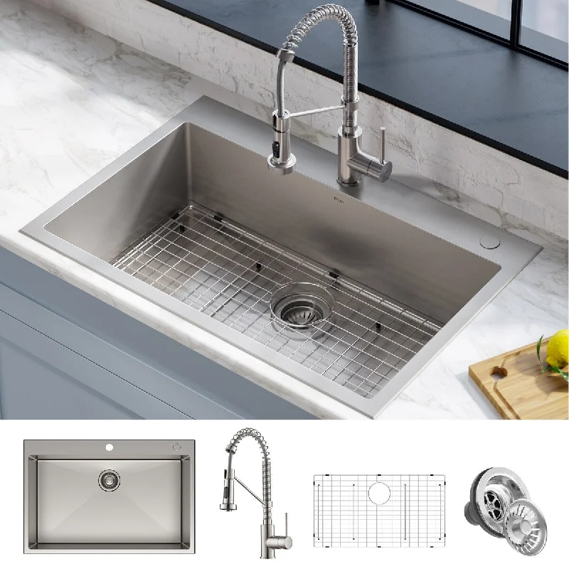 Stark 33-Inch Dual Mount Kitchen Sink and Pull-Down Commercial Kitchen Faucet Combo In Spot Free Stainless Steel Finish