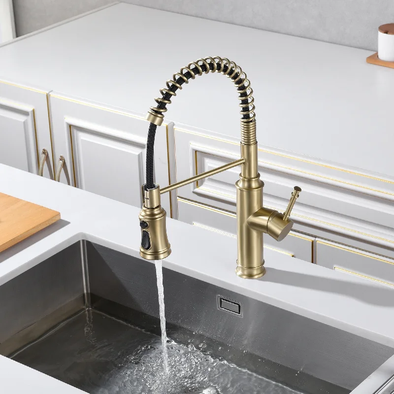 SUMERAIN Modern Spring Pull-Down Brushed Gold Kitchen Faucet