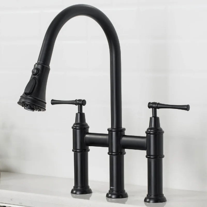 Transitional Bridge Kitchen Faucet with Pull-Down Sprayhead in Matte Black