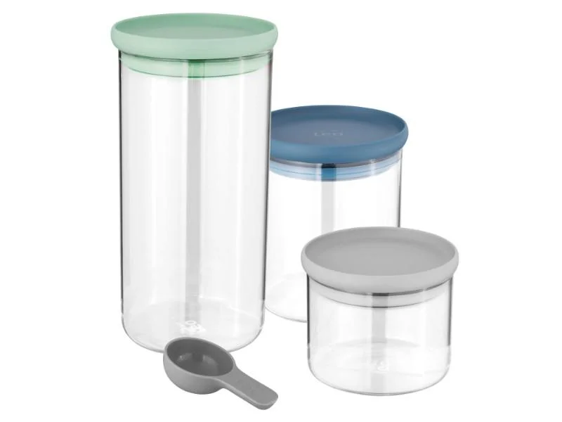 BergHOFF Leo 3Pc Glass Food Container Set, Green, Blue, Gray