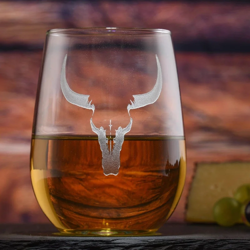 Deep Carved Steer Skull Stemless Wine Glasses