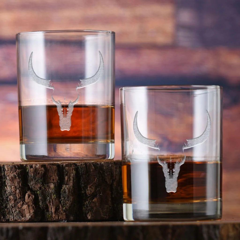 Deep Sand Carved Steer Skull Whiskey Glasses