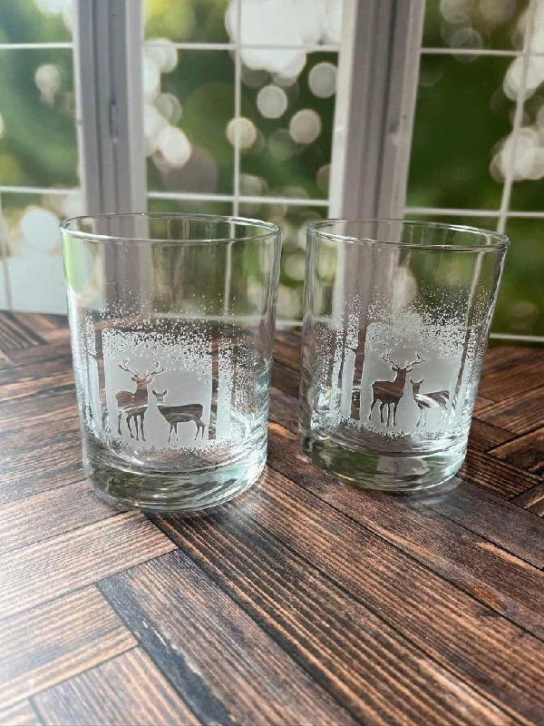 Deer in Trees Deep Sand Carved Rocks Glasses