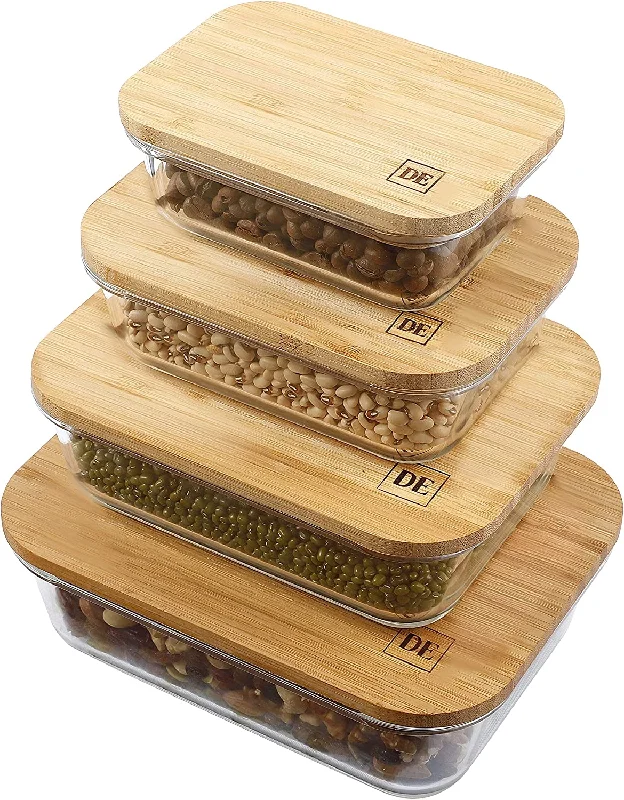 Glass Food Storage Containers with Eco-Friendly Bamboo Wooden Lids, Set of 4