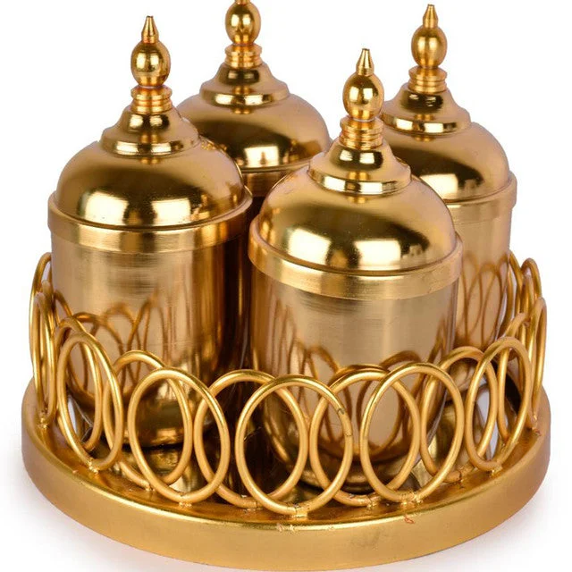 Gold Finish Ortis Tray with 4 Jars Set | 400 ml