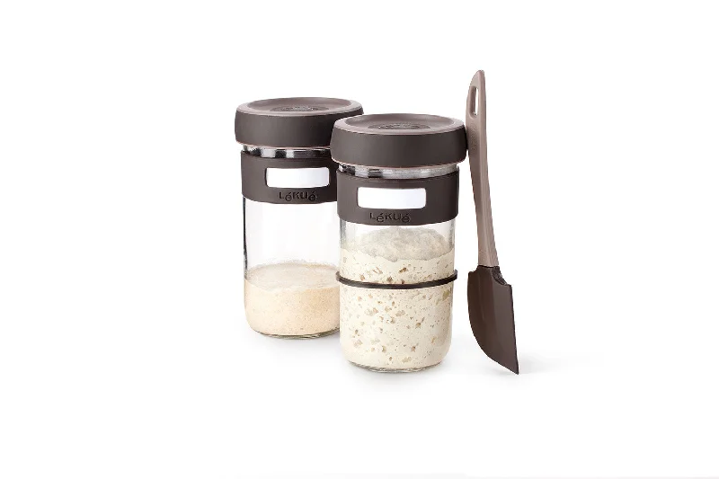 Lekue Sourdough Starter Set with 2 Jars and Silicone Spatula, Brown