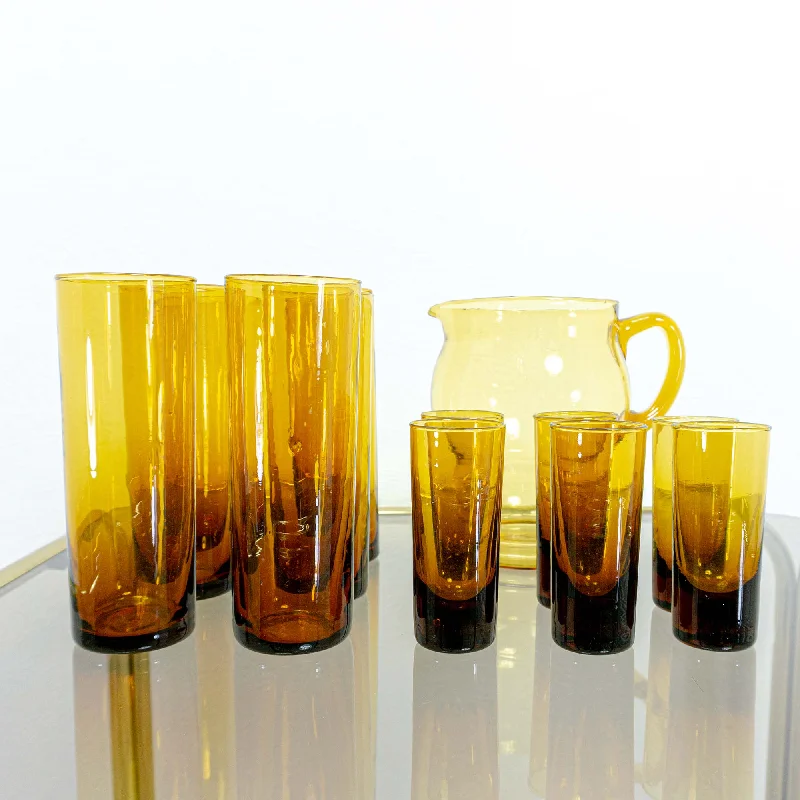 Mouth blown set of 12 vintage AMBER GLASS pitcher tumbler shot glasses