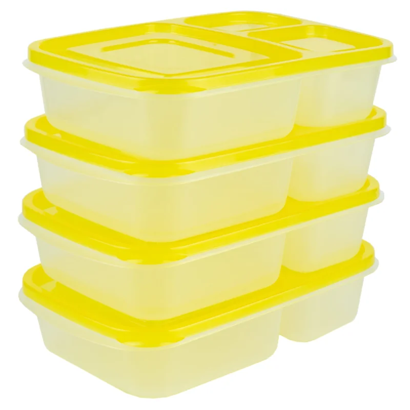 3 Section Plastic Food Storage Containers, (Set of 4), Yellow