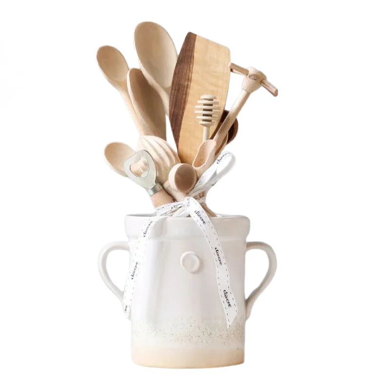 Small White Handthrown Crock and Utensil Set