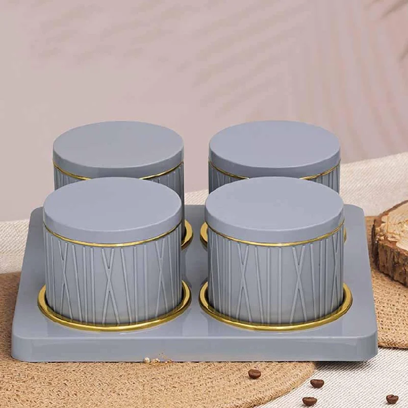 Timeless Dune Grey Polypropylene Four Containers With Tray | Set Of 4 | 450 ml | 13 x 9 inches