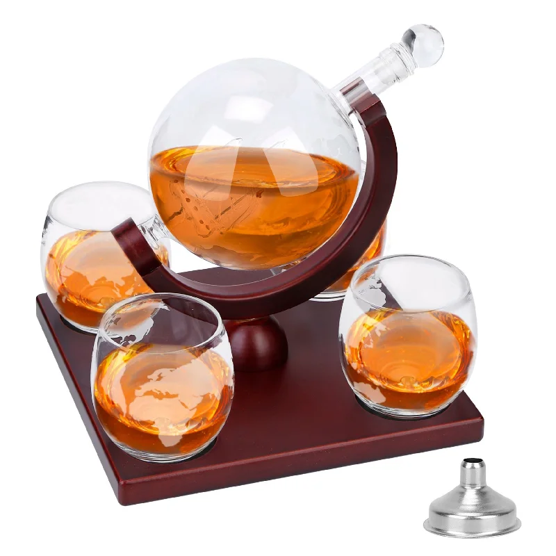 Whiskey Decanter Globe Set w/ 4 Glasses Tray Perfect Gift 8.45OZ