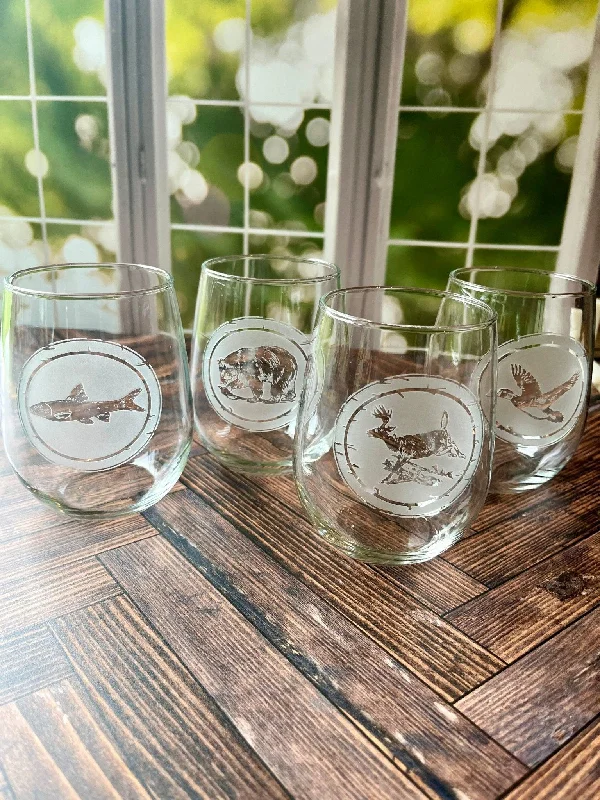 Wildlife Sand Carved Stemless Wine Glasses