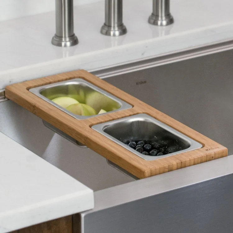 Workstation Kitchen Sink Serving Board Set with Rectangular Stainless Steel Bowls