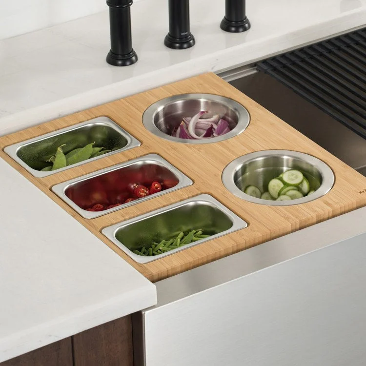 Workstation Kitchen Sink Serving Board Set with Stainless Steel Bowls